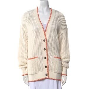 White + Warren Organic Cotton Blanket Trim Cardigan White /Orange Women's XS